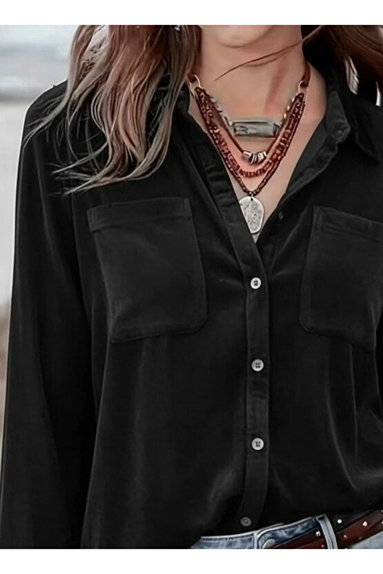 Kadın Uzun Kollu Yakalı önden Düğmeli Cep Detaylı Kadife Gömlek