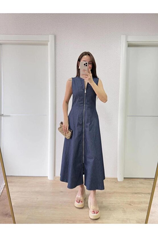 Jeans Kot Önü Tam Fermuarlı Kadın Uzun Elbise - Mavi