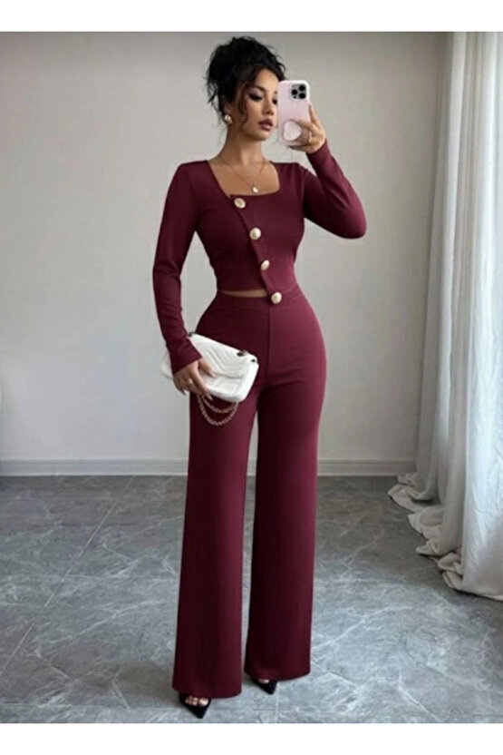 Kadın Uzun Kol Kare Yaka Asimetrik Düğme Detay Bluz Ve Yüksek Bel Pantolon Ikili Takım
