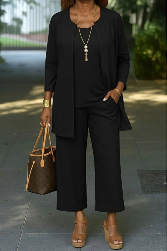 Kadın Uzun Kollu önü Açık Modal Ceket Kolsuz Viskon Iki Iplik Bluz Ve Pantolon üçlü Takım