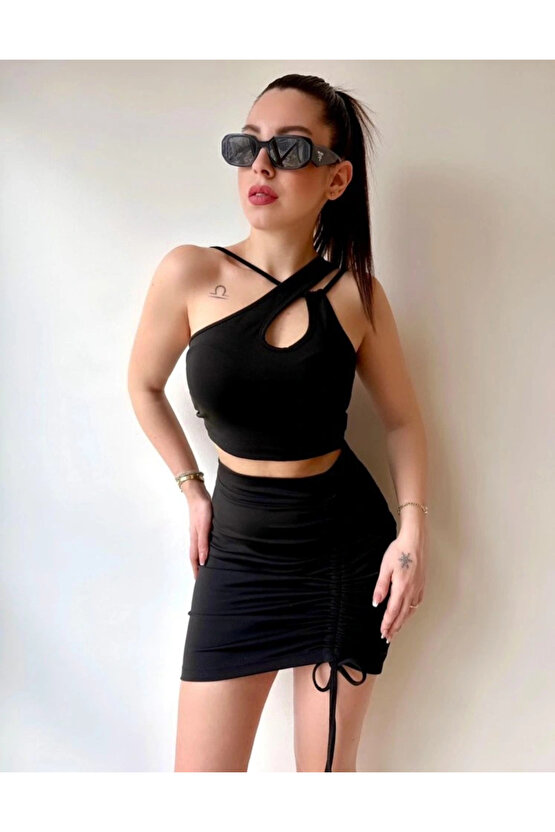 Kadın Asimetrik Yaka Detay Crop Ve Yüksek Bel Mini Etek Ikili Takim