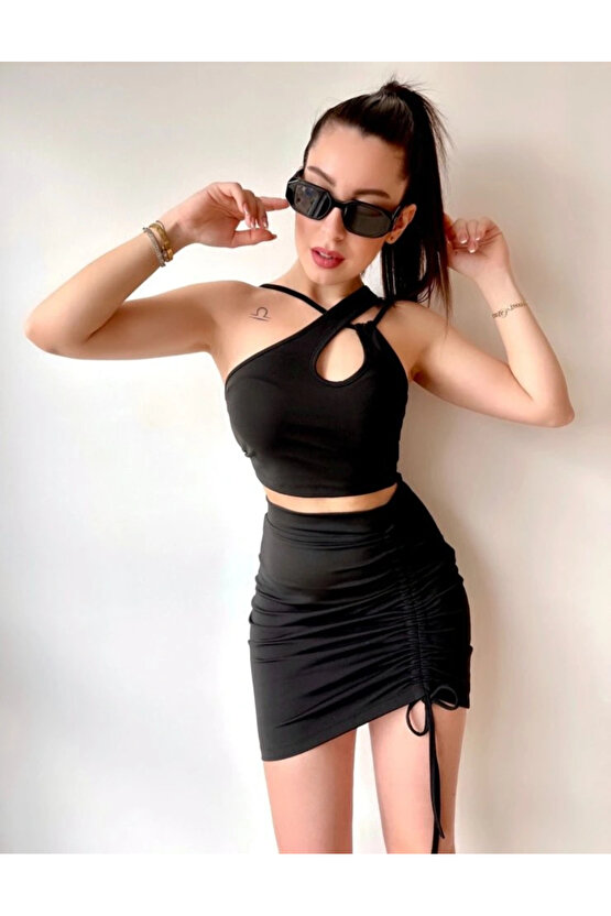Kadın Asimetrik Yaka Detay Crop Ve Yüksek Bel Mini Etek Ikili Takim