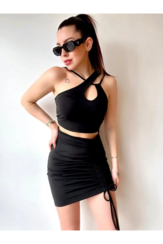 Kadın Asimetrik Yaka Detay Crop Ve Yüksek Bel Mini Etek Ikili Takim