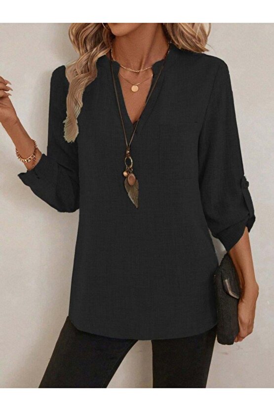 Kadın Truvakar Kol V Yakalı Keten Bluz