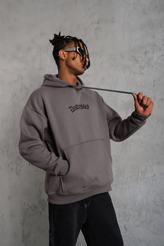 ERKEK ÜÇ İPLİK BASKILI KAPÜŞONLU SWEAT - GRİ