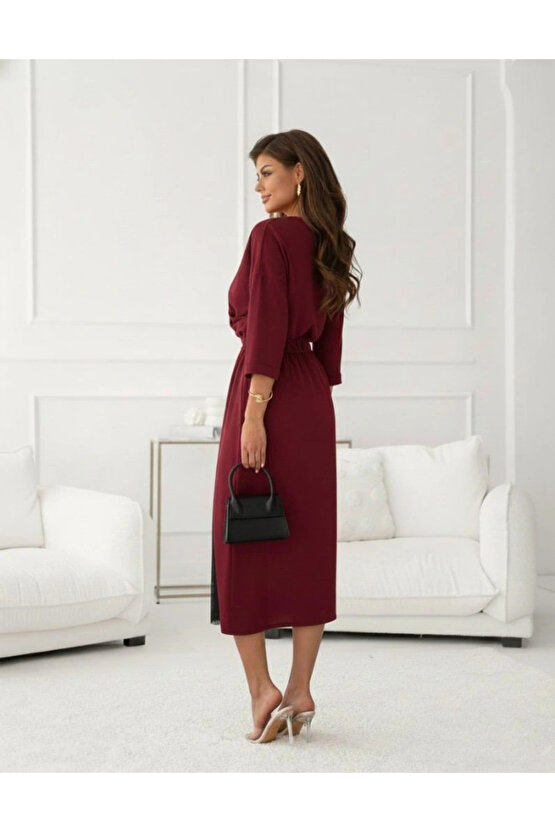 Kadın Uzun Kollu Kruvaze Yakalı Yandan Dantelli Midi Ithal Krep Elbise