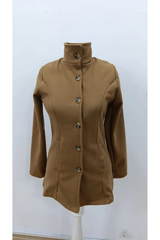 Kadın Uzun Kollu Yakalı önden Düğmeli Astarsız Ithal Kaşe Kahve Kaban