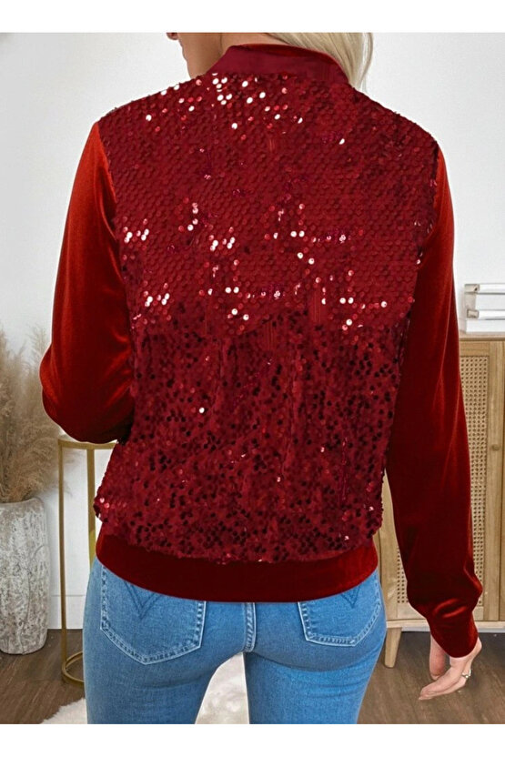 Kadın Uzun Kollu önü Açık Fermuarlı Pulpayetli Kadife Ceket