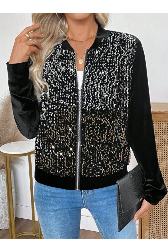 Kadın Uzun Kollu önü Açık Fermuarlı Pulpayetli Kadife Ceket