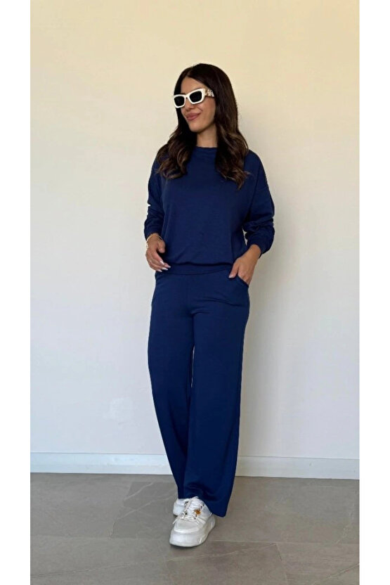 Kadın Uzun Kollu Bisiklet Yaka Viskon Iki Iplik Bluz Ve Pantolon Ikili Takım