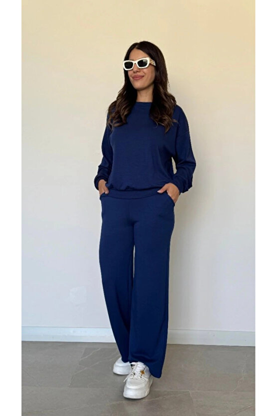 Kadın Uzun Kollu Bisiklet Yaka Viskon Iki Iplik Bluz Ve Pantolon Ikili Takım