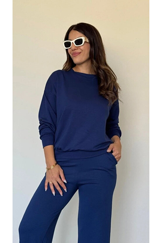 Kadın Uzun Kollu Bisiklet Yaka Viskon Iki Iplik Bluz Ve Pantolon Ikili Takım