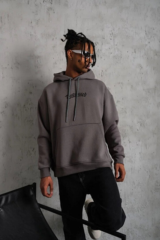 ERKEK ÜÇ İPLİK BASKILI KAPÜŞONLU SWEAT - GRİ