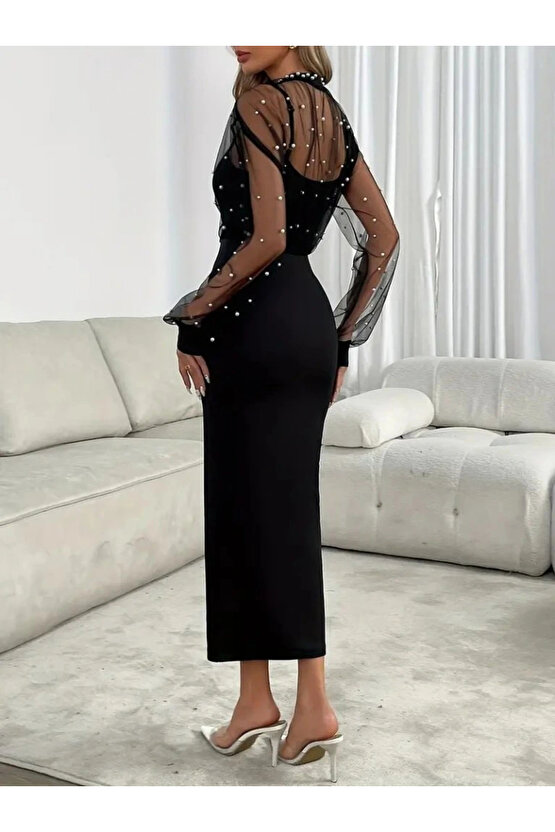 Kadın Uzun Kollu Halka Yaka Tül Inci Detaylı Uzun Ithal Krep Elbise