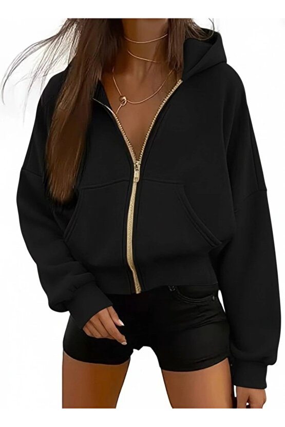 Kadın Uzun Kollu Kapşonlu Fermuarlı önden Cep Detaylı şardonlu Iki Iplik Ceket