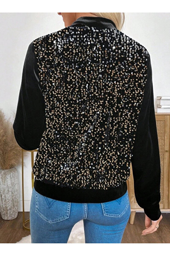 Kadın Uzun Kollu önü Açık Fermuarlı Pulpayetli Kadife Ceket