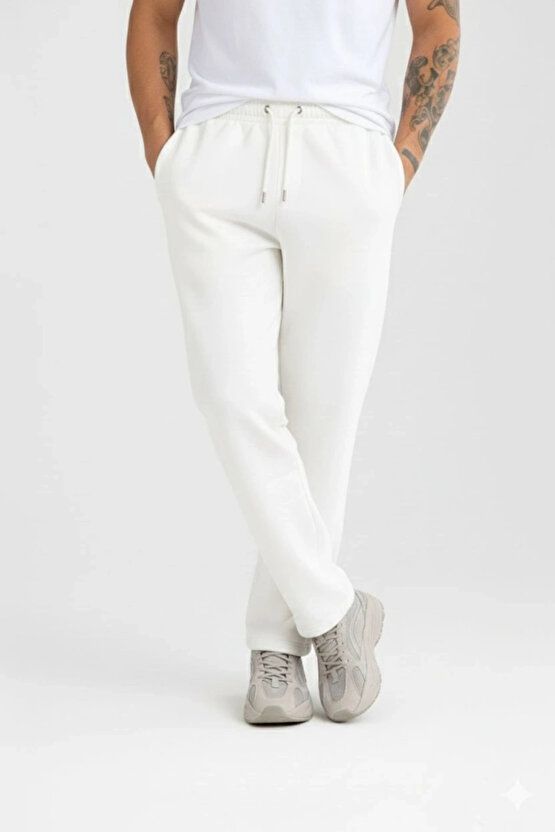 Erkek Üç Iplik Kışlık Pamuklu Ovarsize Bağcıklı Düz Paça Cepli Eşofman Altı Spor Rahat Model - Beyaz