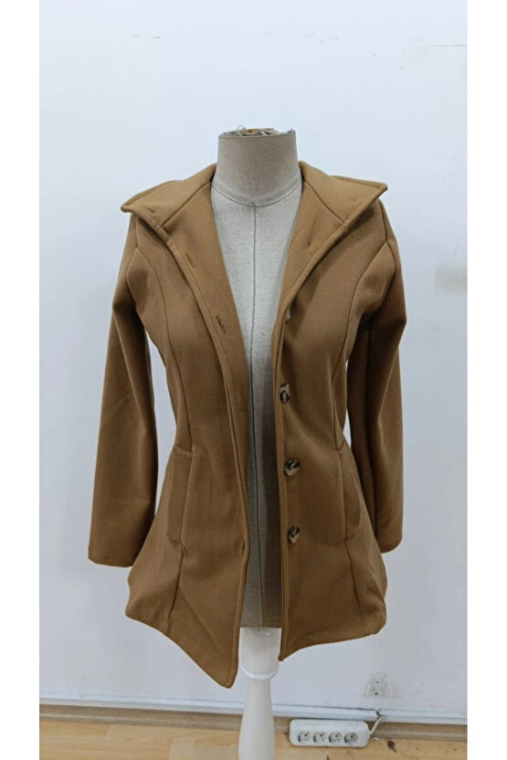 Kadın Uzun Kollu Yakalı önden Düğmeli Astarsız Ithal Kaşe Kahve Kaban