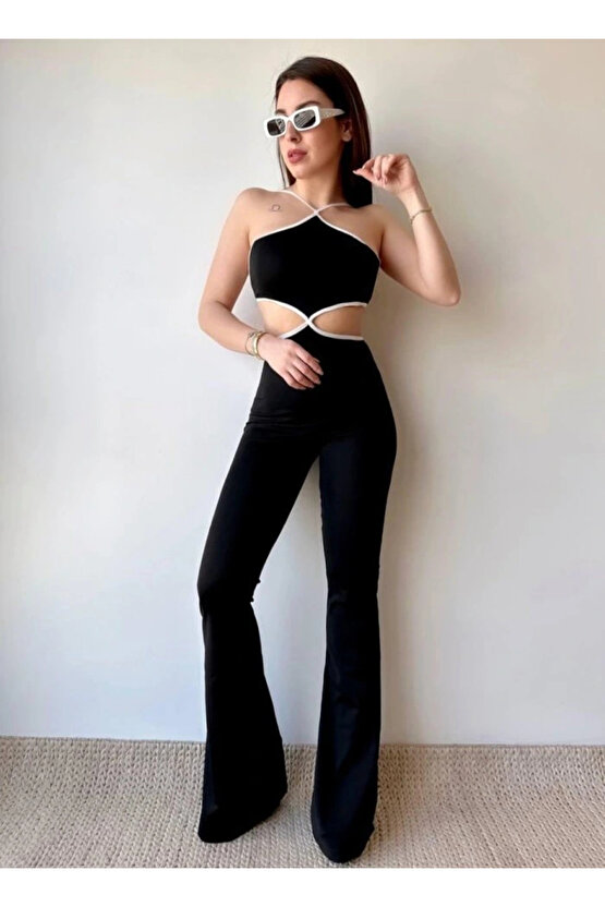 Kadın Halter Yaka Bel Dokolteli Tulum