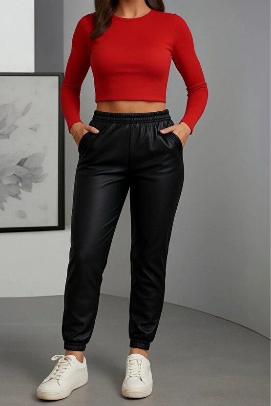 Kadın Paçası Lastikli Cep Detaylı Deri Tayt