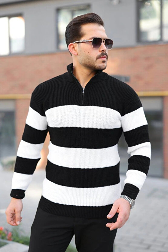 Erkek Şerit Renk Desenli Zip Yaka Kazak