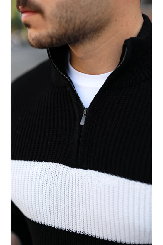Erkek Şerit Renk Desenli Zip Yaka Kazak