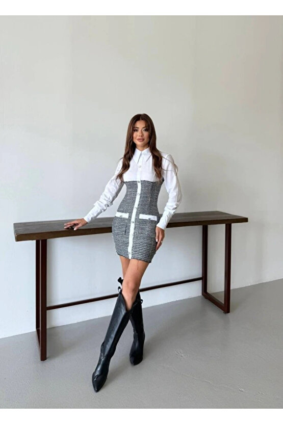 KADIN UZUN KOLLU CEP VE DÜĞME DETAY MİNİ GÖMLEK ELBİSE