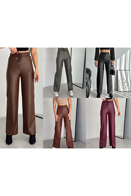 Yüksek Bel Geniş Paça Içi şardonlu Deri Pantolon.