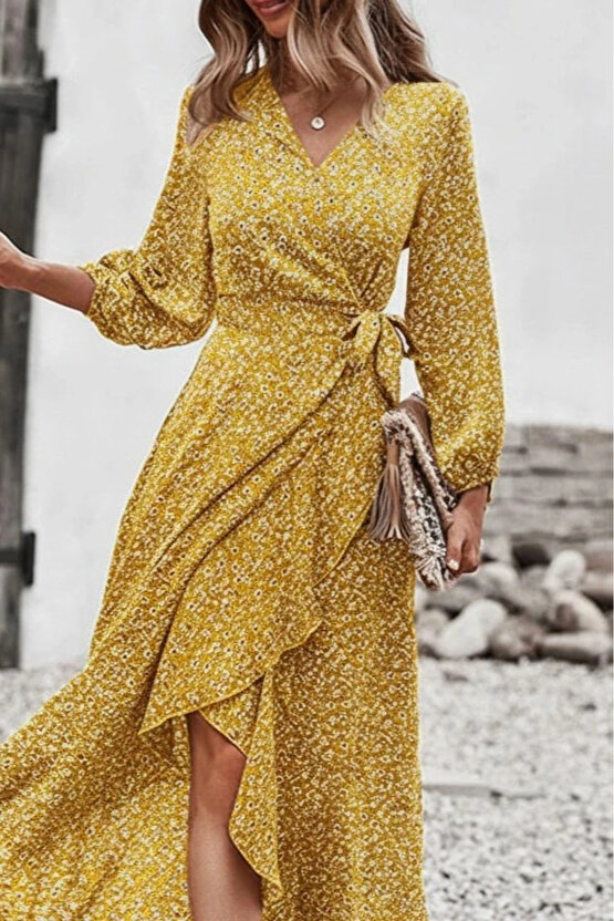 Kadın Uzun Kollu Kruvaze Yaka Yandan Bağlamalı önden Fırfır Detaylı Süprem Uzun Elbise