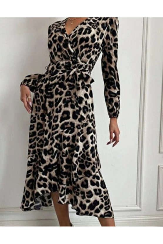 Kadın Uzun Kollu Kruvaze Yaka Yandan Bağlamalı önden Fırfır Detaylı Süprem Uzun Elbise