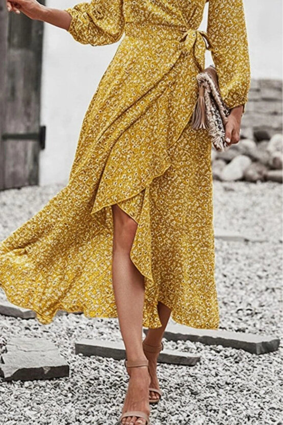 Kadın Uzun Kollu Kruvaze Yaka Yandan Bağlamalı önden Fırfır Detaylı Süprem Uzun Elbise