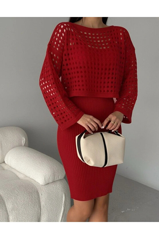 Kadın Uzun Kollu Delikli Kazak Askılı Elbise Triko Ikili Takım