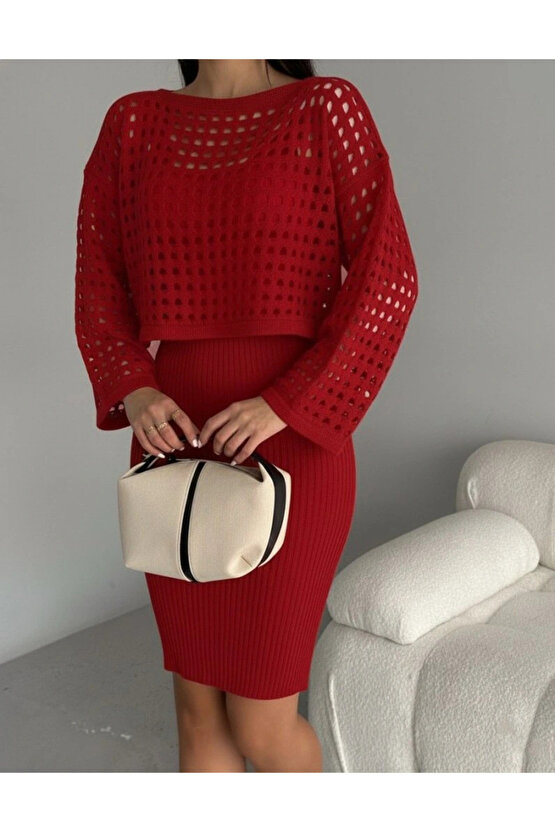 Kadın Uzun Kollu Delikli Kazak Askılı Elbise Triko Ikili Takım