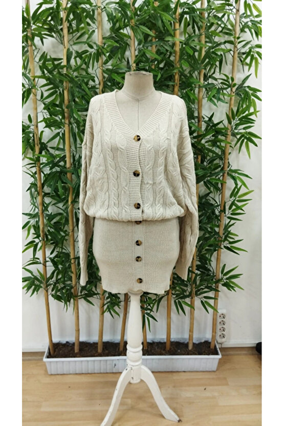 Kadın Uzun Kollu V Yakalı önden Düğmeli Kısa Triko Elbise