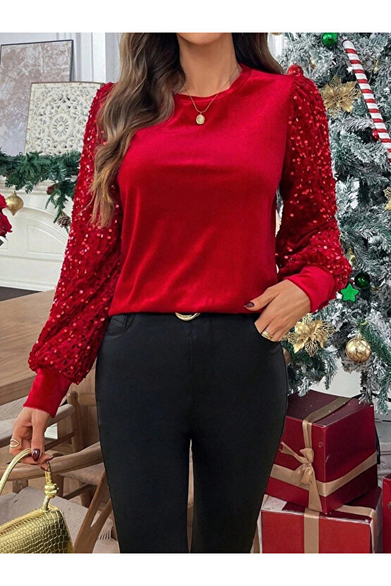 Kadın Uzun Kollu Bisiklet Yaka Kollar Pulpayet Kadife Bluz