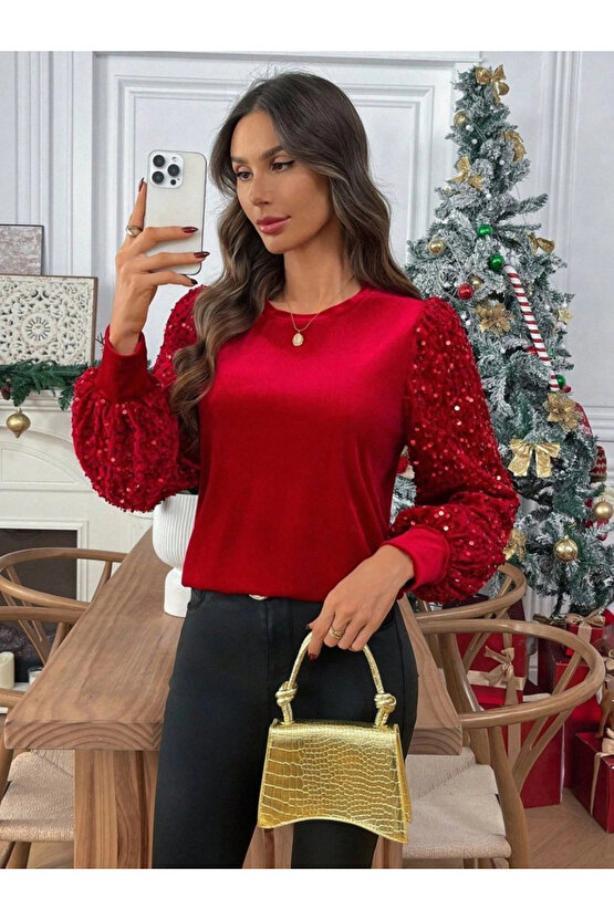 Kadın Uzun Kollu Bisiklet Yaka Kollar Pulpayet Kadife Bluz