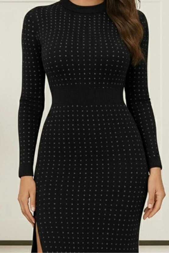 Kadın Uzun Kollu Bisiklet Yaka Taşlı Midi Kadife Elbise