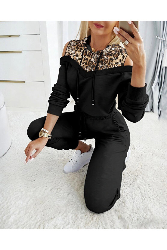 Kadın Uzun Kollu Omuzlardan Açık Leopar Desenli Kapşonlu Viskon Iki Iplik Bluz Ve Pantolon Ikili Tak