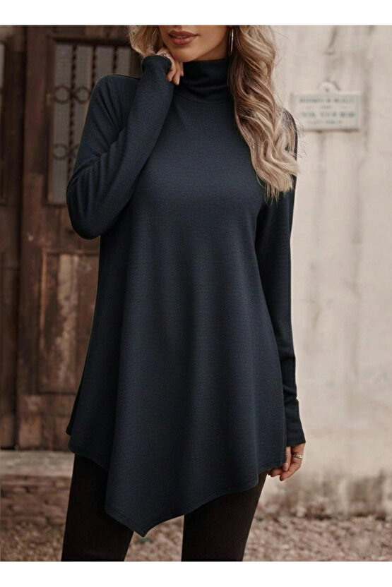 Kadın Uzun Kollu Balıkçı Yaka Asimetrik Kesim Detaylı Antrasit Yün Viskon Bluz
