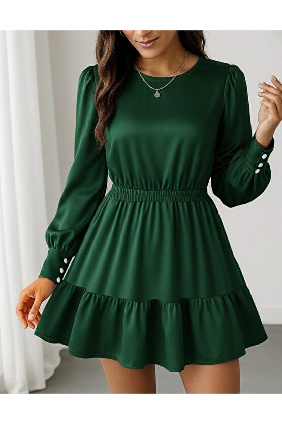 Kadın Uzun Kollu Bisiklet Yaka Beli Lastikli Fırfırlı Ithal Krep Elbise