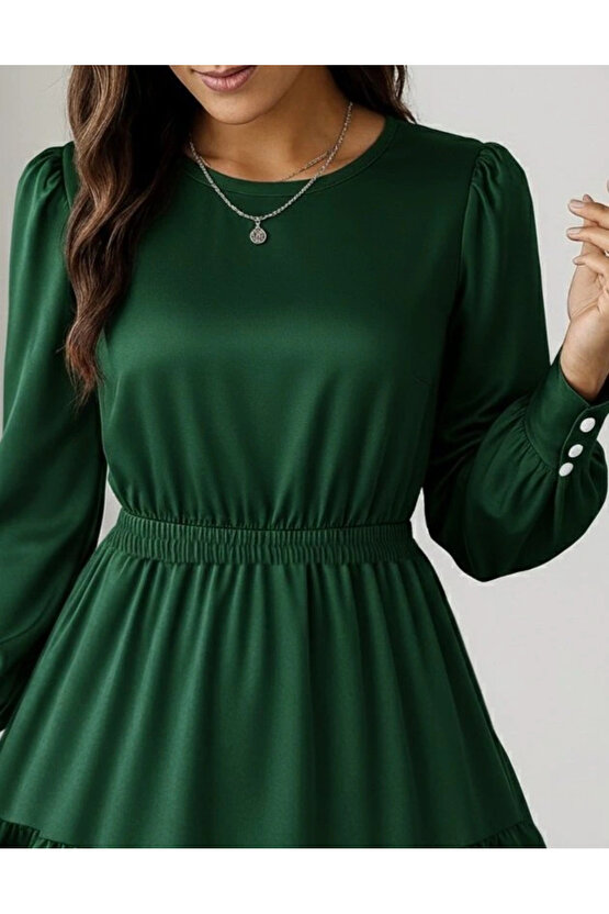 Kadın Uzun Kollu Bisiklet Yaka Beli Lastikli Fırfırlı Ithal Krep Elbise