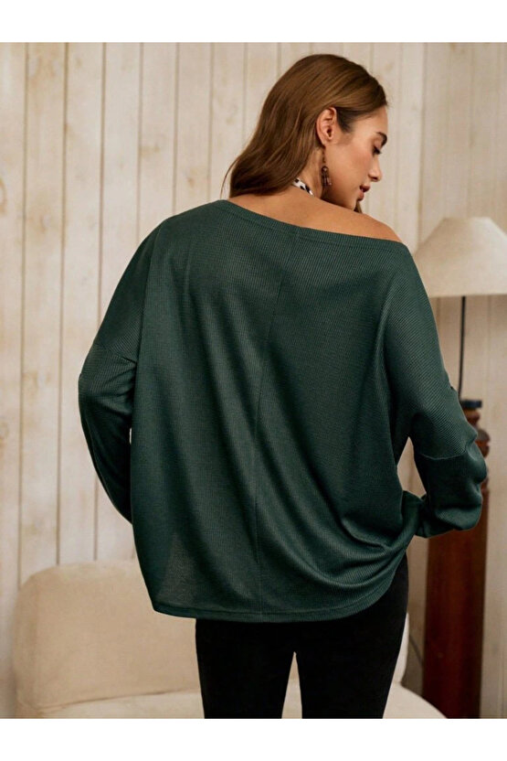 Kadın Tek Omuzdan Açık Yarasa Kollu Waffle Bluz