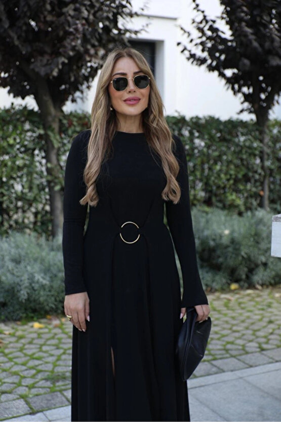 Kadın Uzun Kollu Bisiklet Yaka önden Halka Detaylı Yırtmaçlı Uzun Viskon Iki Iplik Elbise