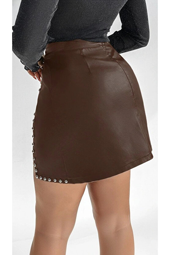 Kadın Yüksek Belli Yandan çivili Mini Deri Etek