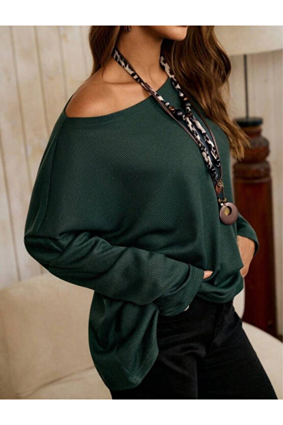 Kadın Tek Omuzdan Açık Yarasa Kollu Waffle Bluz