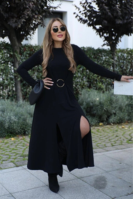 Kadın Uzun Kollu Bisiklet Yaka önden Halka Detaylı Yırtmaçlı Uzun Viskon Iki Iplik Elbise