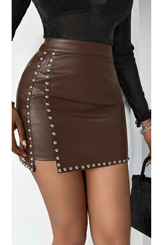 Kadın Yüksek Belli Yandan çivili Mini Deri Etek