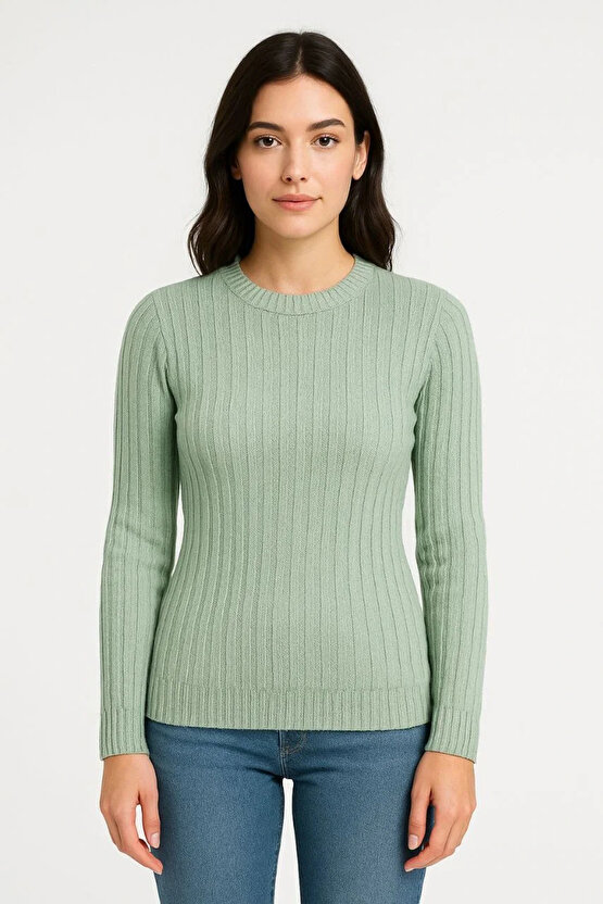 Erkek Bisiklet Yuvarlak Yaka Triko Kazak Pamuklu Kalın Fitilli Dokuma, Regular Fit Uzun Kollu Kışlık