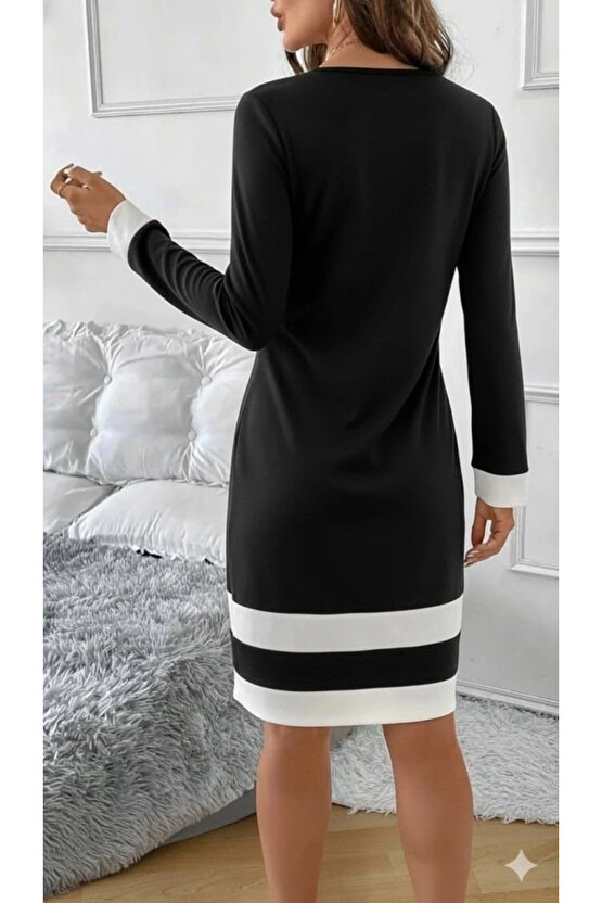 Kadın Uzun Kollu Yuvarlak Yaka Etek Ucu şerit Detaylı Mini Siyah Beyaz Dalgıç Elbise