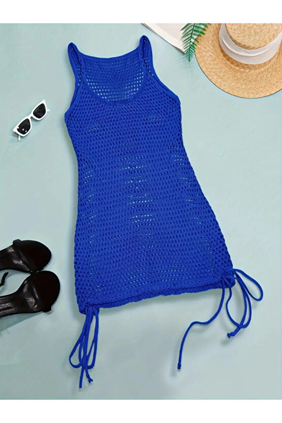 Kadın Askılı Eteği Büzgü Bağlama Detay Delikli örme Triko Pareo Elbise